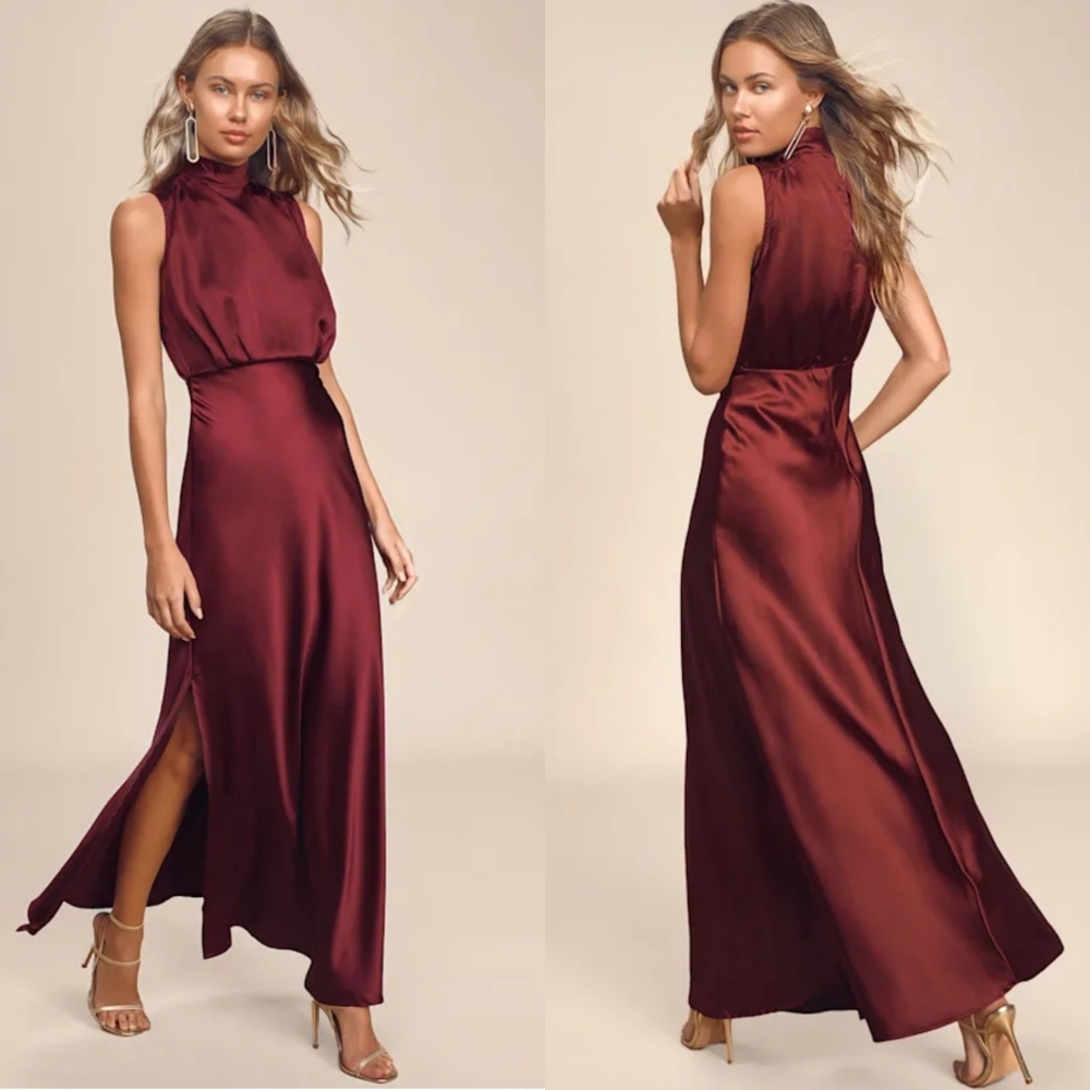Lulus Wine Mock Neck Satin Slit Sides Zip Maxi Slip Dress